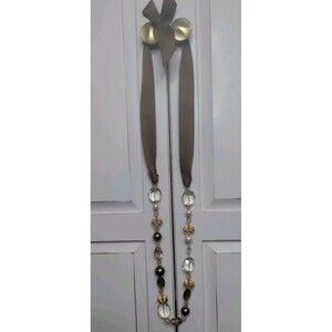 Stella & Dot Goldtone Faux Pearl Faceted Crystal Brown Ribbon Tie Necklace 18"